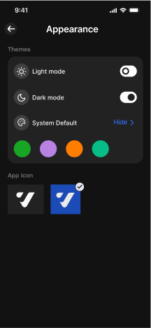 Dark mode version of the Versal Finance home screen