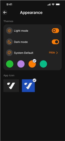 Dark mode version of the settings screen