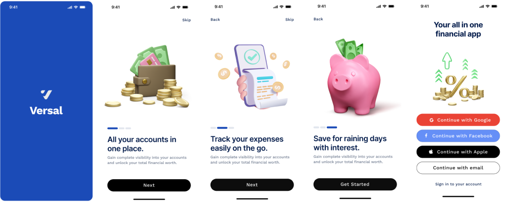 High fidelity mockups of the Versal Finance app showing the main screens