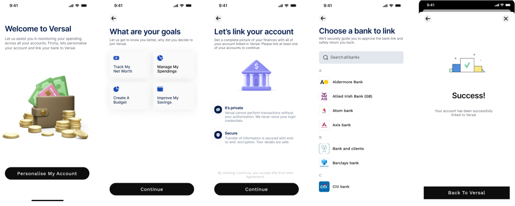 Additional high fidelity mockups showing transaction and budget screens