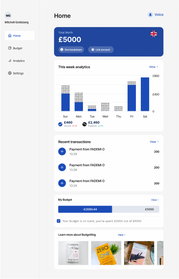 Tablet version of the Versal Finance dashboard